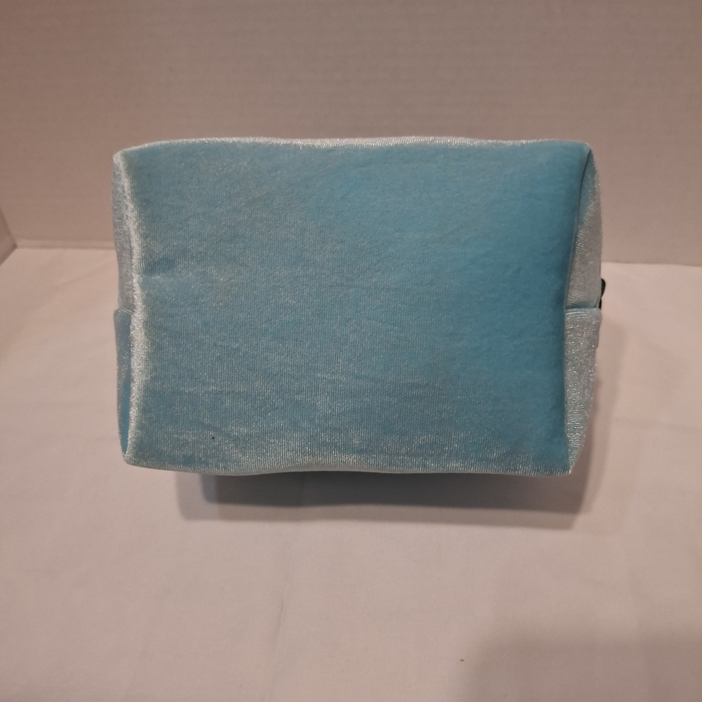 Light Blue Velvet Cosmetic Pouch with Green Zipper Nwot